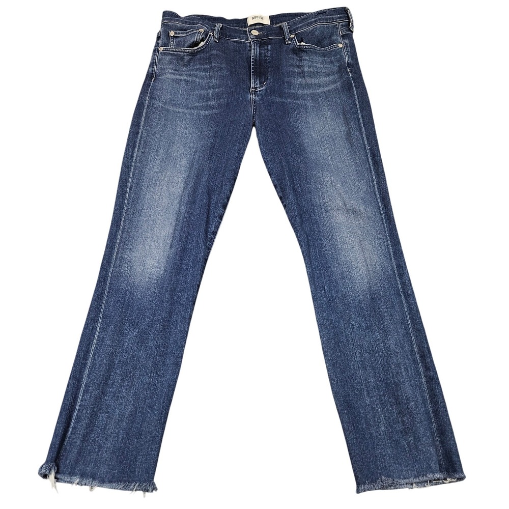 Agolde Sophie Jeans 32 Blue Medium Wash Raw Hem Straight Stretch Minimal Style